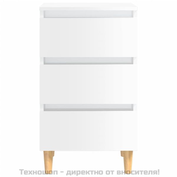 Нощно шкафче с крака от дърво масив, бял гланц, 40x35x69 см