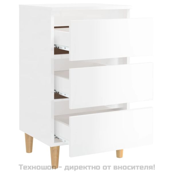 Нощно шкафче с крака от дърво масив, бял гланц, 40x35x69 см