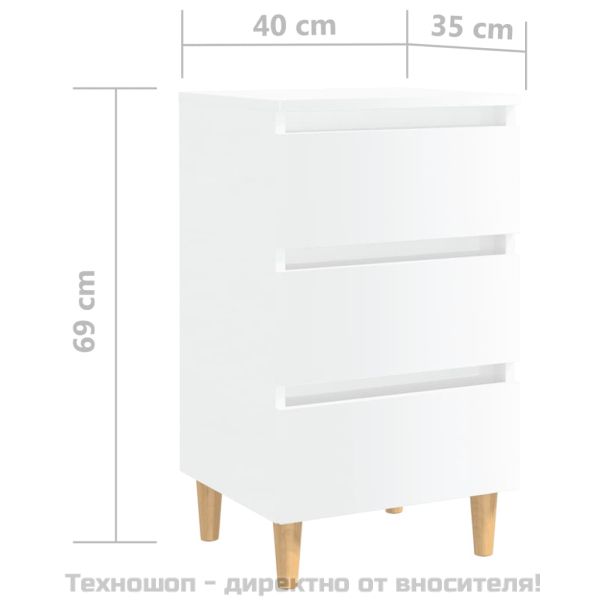 Нощно шкафче с крака от дърво масив, бял гланц, 40x35x69 см