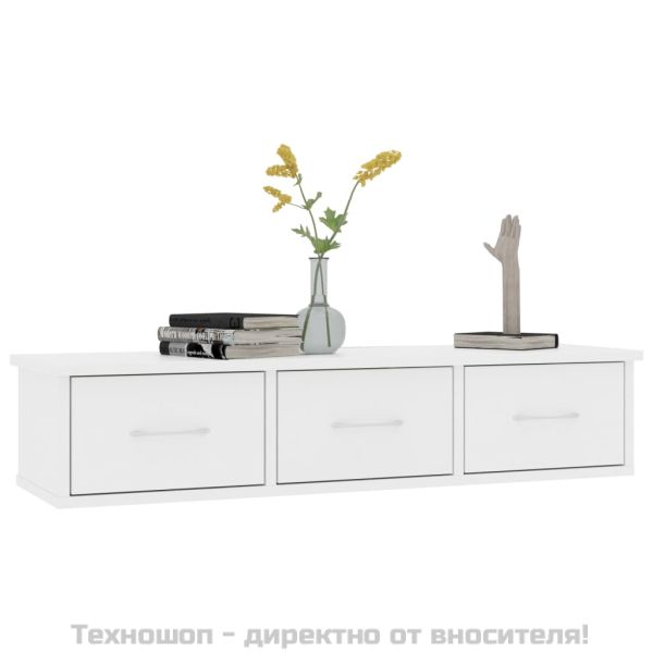 Стенен рафт с чекмеджета, бял, 88x26x18,5 см, инженерно дърво