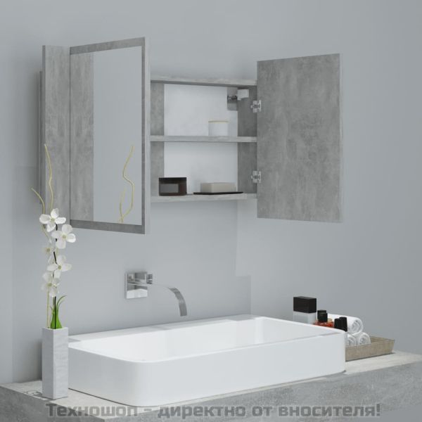 LED шкаф с огледало за баня, бетонно сив, 80x12x45 см, акрил