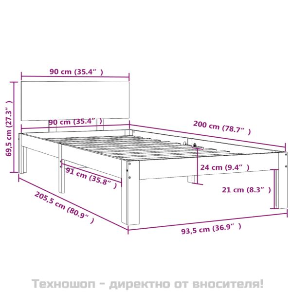 Рамка за легло, борово дърво масив, 90х200 см