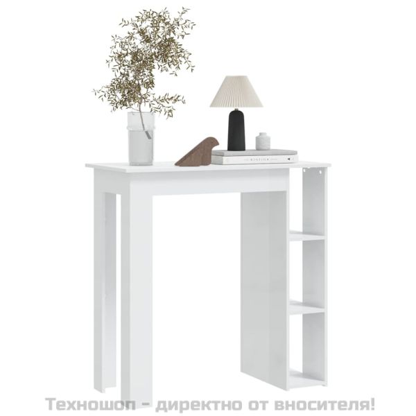 Бар маса с рафт, бял гланц, 102x50x103,5 см, инженерно дърво