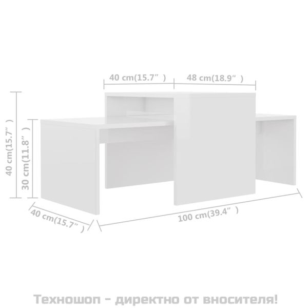 Комплект маси за кафе, бял гланц, 100x48x40 см, инженерно дърво