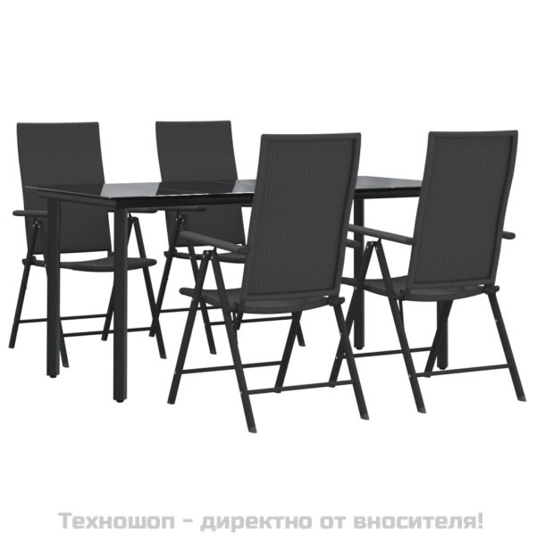 Градински трапезен комплект, 5 части, черен, полиратан