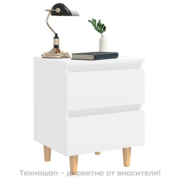 Нощно шкафче с крака от боров масив, бяло, 40x35x50 см