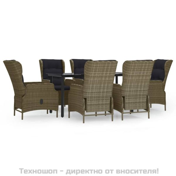 Градински трапезен комплект от 7 части, кафяв, полиратан