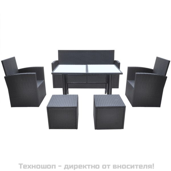 Градински комплект с възглавници, 6 части, полиратан, черен