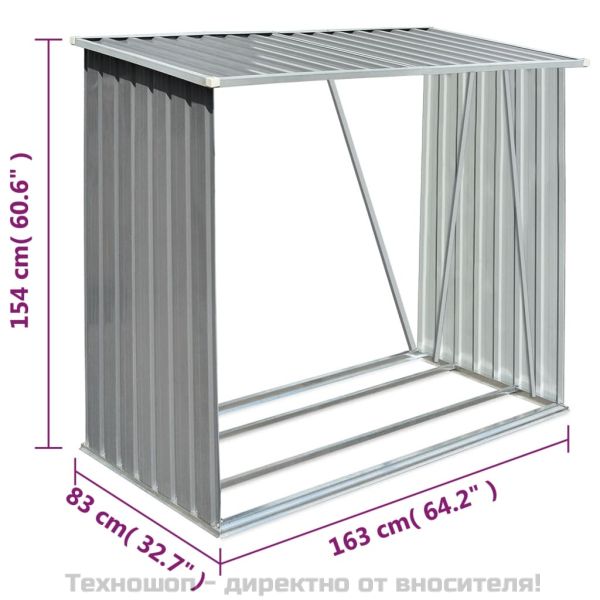 Навес за дърва, поцинкована стомана, 163x83x154 см, сив
