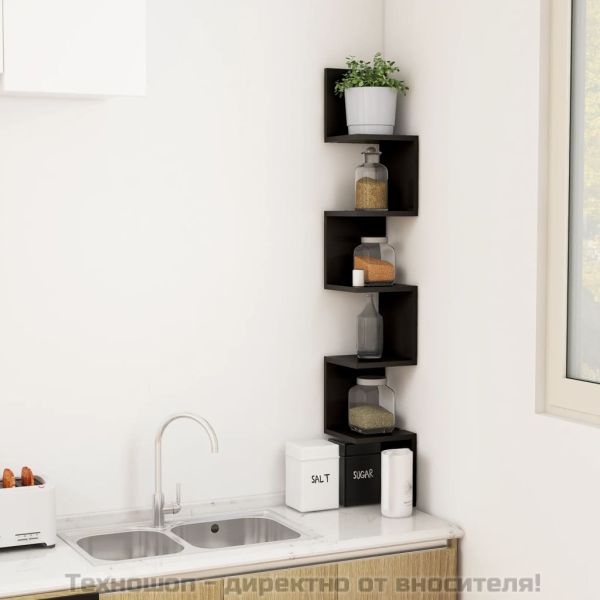 Стенен ъглов рафт, черен, 20x20x127,5 см, инженерно дърво