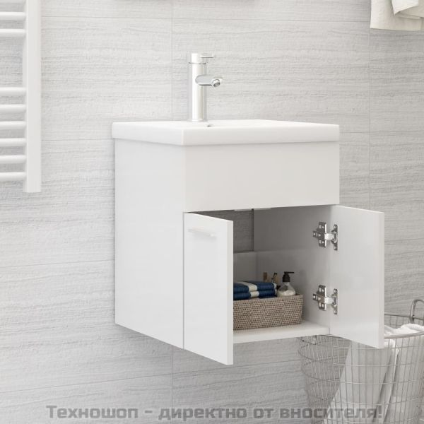 Долен шкаф за мивка, бял гланц, 41x38,5x46 см, инженерно дърво