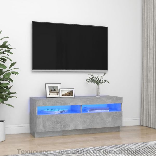 ТВ шкаф с LED осветление, бетонно сив, 100x35x40 см