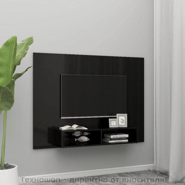 Стенен ТВ шкаф, черен гланц, 135x23,5x90 см, инженерно дърво