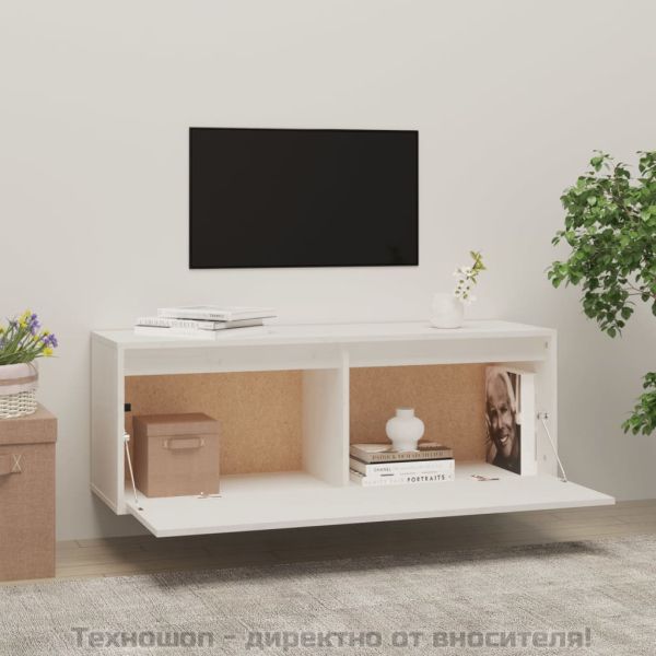 Стенен шкаф, бял, 100x30x35 см, борово дърво масив
