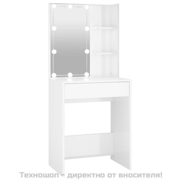 Тоалетка с LED, бял гланц, 60x40x140 см