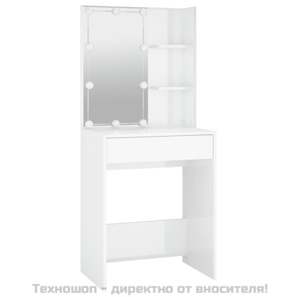 Тоалетка с LED, бял гланц, 60x40x140 см