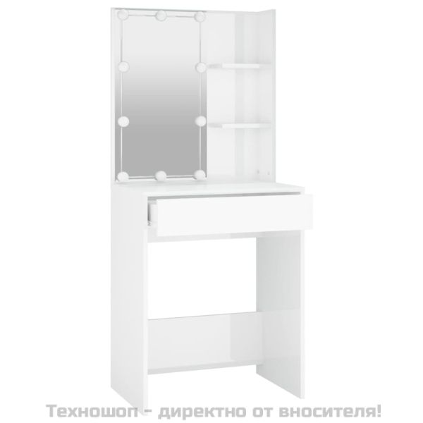 Тоалетка с LED, бял гланц, 60x40x140 см