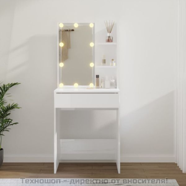 Тоалетка с LED, бял гланц, 60x40x140 см