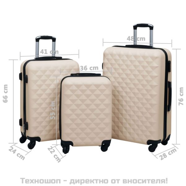 Комплект твърди куфари с колелца, 3 бр, златист, ABS