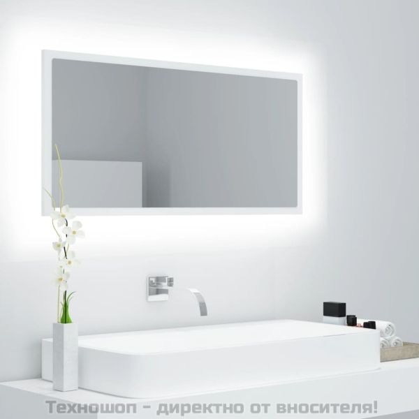 LED огледало за баня, бяло, 90x8,5x37 см, акрил