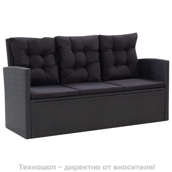 Градински комплект с възглавници, 6 части, полиратан, черен