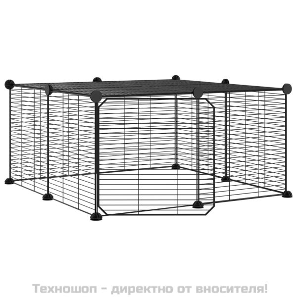Клетка за животни с врата, 12 панела, черна, 35x35 см, стомана
