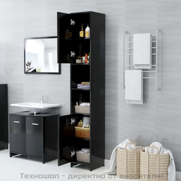 Шкаф за баня, черен, 30x30x183,5 см, инженерно дърво