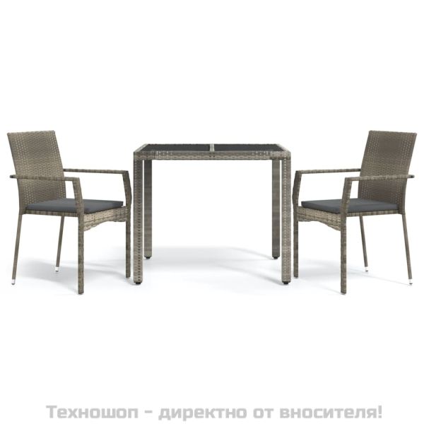 Градински трапезен комплект 3 части с възглавници сив полиратан