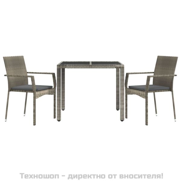 Градински трапезен комплект 3 части с възглавници сив полиратан