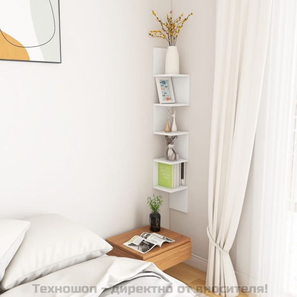 Стенен ъглов рафт, бял, 20x20x127,5 см, инженерно дърво