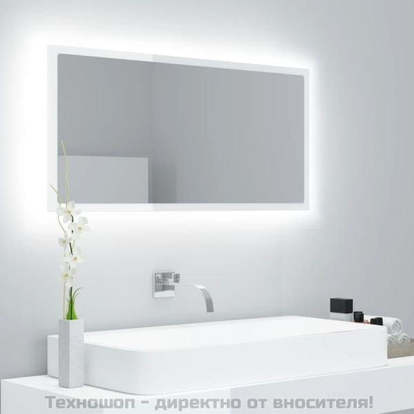 LED огледало за баня, бял гланц, 90x8,5x37 см, акрил