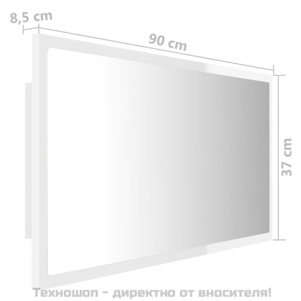 LED огледало за баня, бял гланц, 90x8,5x37 см, акрил