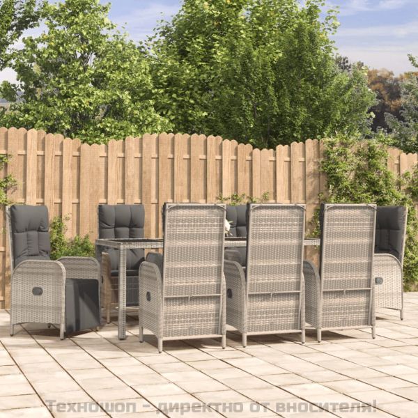 Градински трапезен комплект 9 части с възглавници сив полиратан