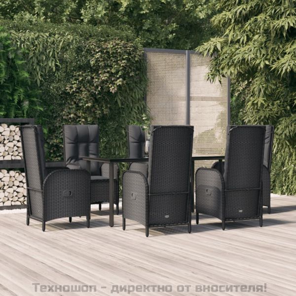 Градински трапезен комплект 7 части възглавници черен полиратан