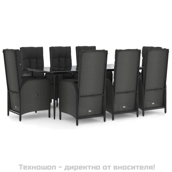 Градински трапезен комплект възглавници 9 части черен полиратан