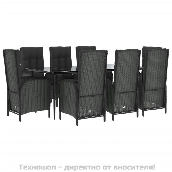 Градински трапезен комплект възглавници 9 части черен полиратан