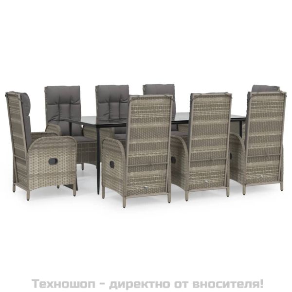 Градински трапезен комплект 9 части с възглавници сив полиратан
