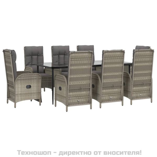 Градински трапезен комплект 9 части с възглавници сив полиратан