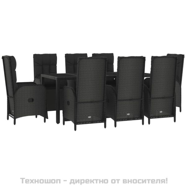 Градински трапезен комплект възглавници 9 части черен полиратан