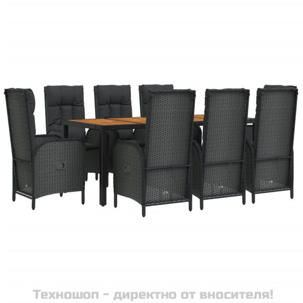 Градински трапезен комплект възглавници 9 части черен полиратан