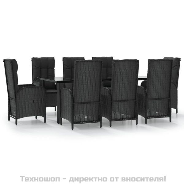 Градински трапезен комплект възглавници 9 части черен полиратан