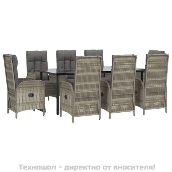 Градински трапезен комплект 9 части с възглавници сив полиратан