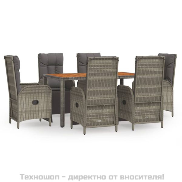 Градински трапезен комплект 7 части с възглавници сив полиратан