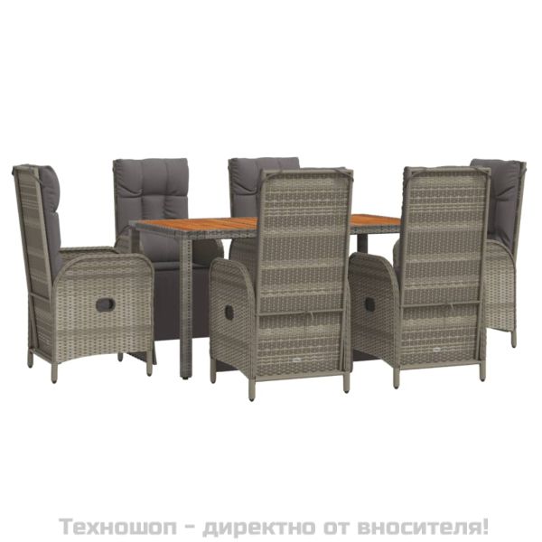 Градински трапезен комплект 7 части с възглавници сив полиратан