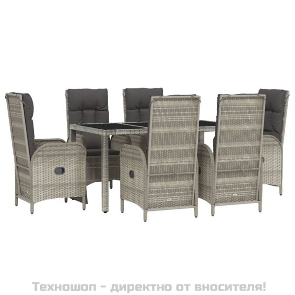Градински трапезен комплект 7 части с възглавници сив полиратан