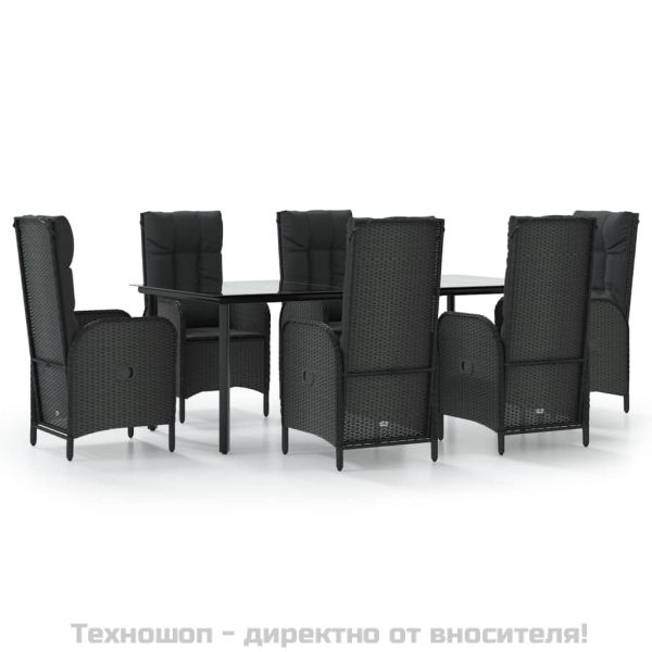 Градински трапезен комплект 7 части възглавници черен полиратан