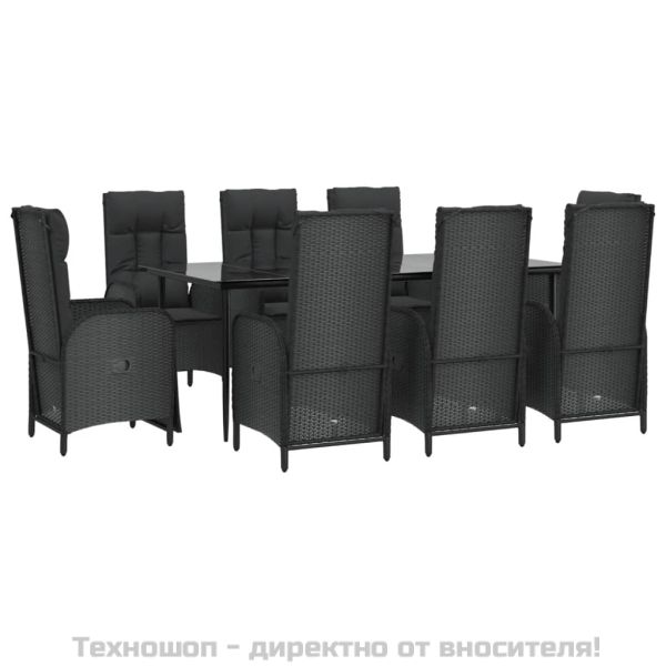 Градински трапезен комплект възглавници 9 части черен полиратан