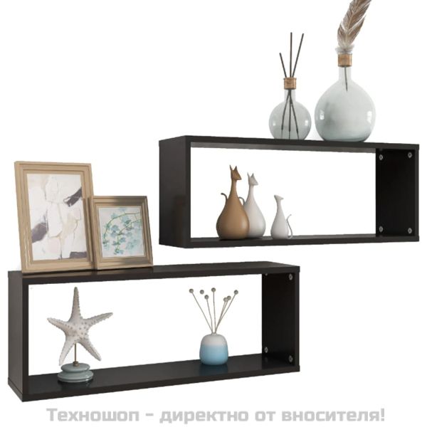 Стенни кубични рафтове, 2 бр, черни, 60x15x23см инженерно дърво