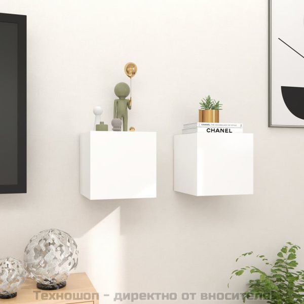 ТВ шкафове за стенен монтаж, 2 бр, бели, 30,5x30x30 см