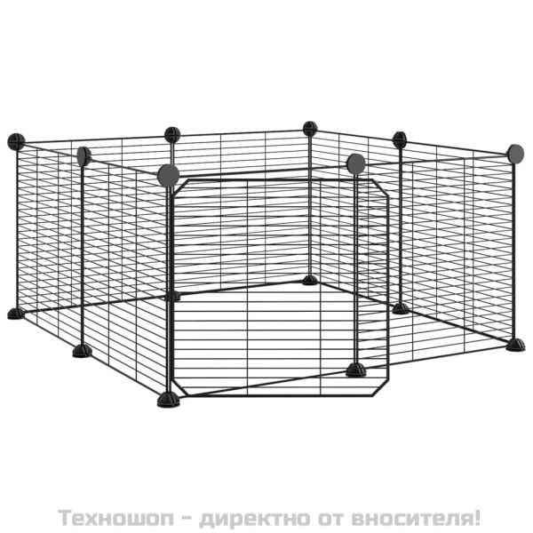 8-панелен кът за домашни любимци с врата, черна, 35x35 см, стомана